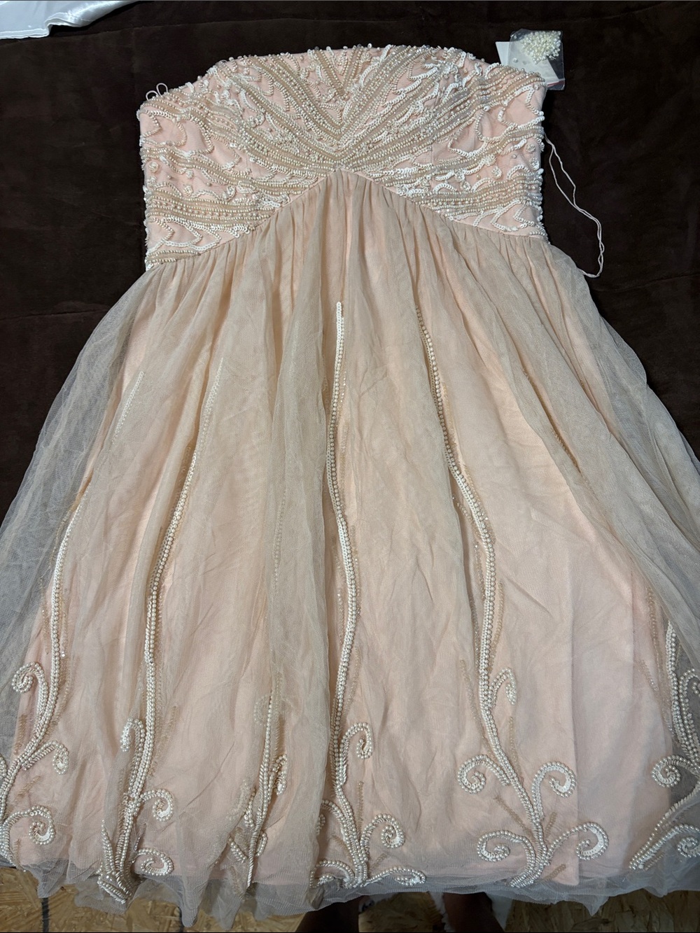 Aidan Mattox Strapless Pearl-Embellished Tulle Dress in Light Blush